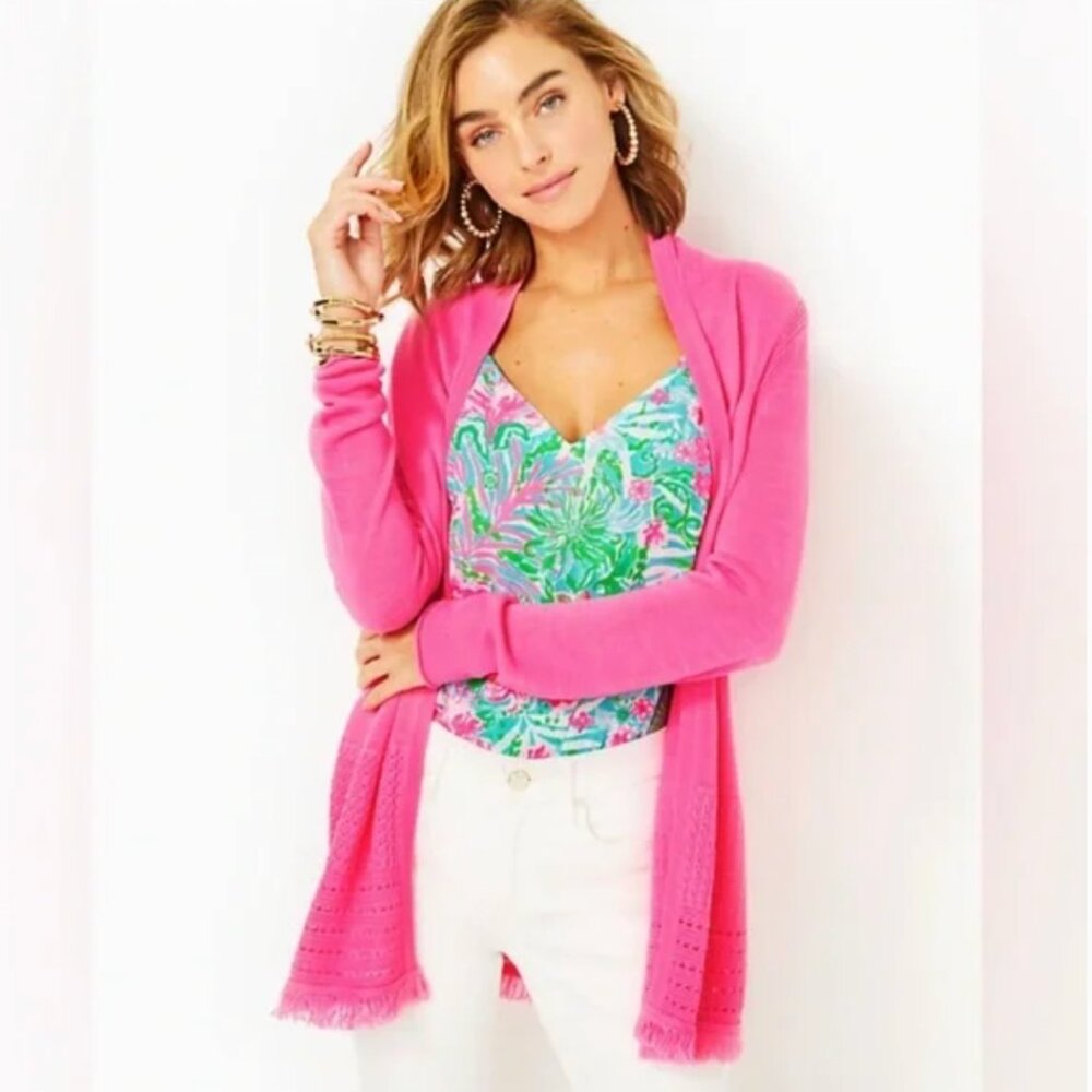 Lilly Pulitzer Noble Fringe Cardigan Deep Prosecco Pink
